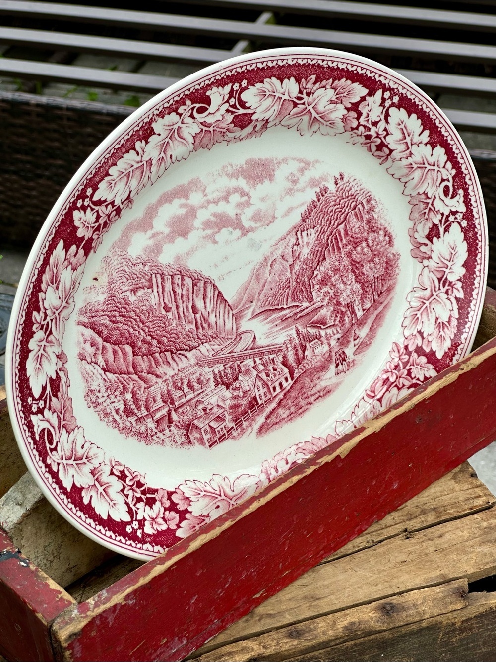 Vintage Homer Laughlin Currier and Ives Harpers Ferry VA Red PlatterTransferware